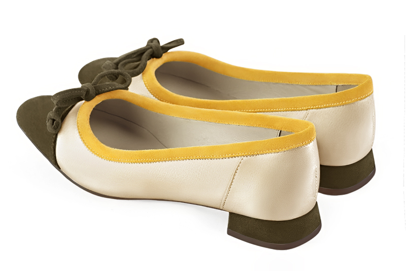 Khaki green, gold and yellow women's ballet pumps, with low heels. Square toe. Flat flare heels. Rear view - Florence KOOIJMAN